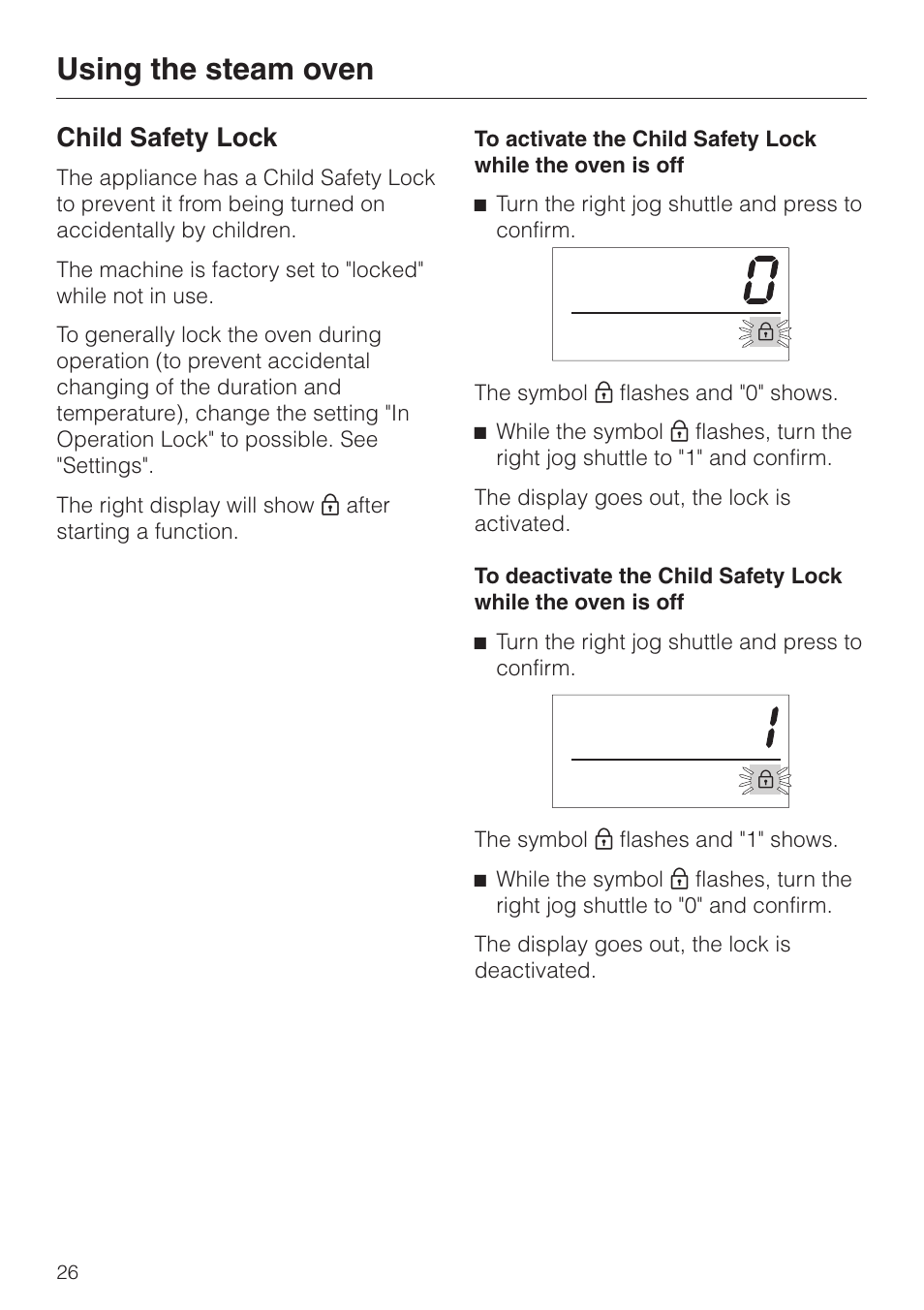 Child safety lock 26, Child safety lock, Using the steam oven | Miele DG2661 User Manual | Page 26 / 60