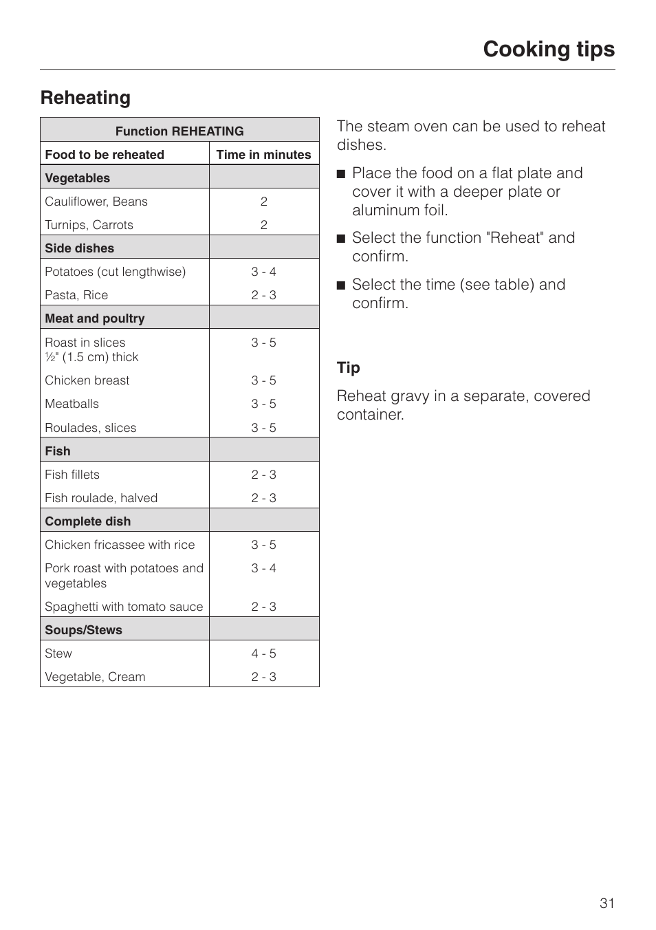 Reheating 31, Reheating, Cooking tips | Miele DG2661 User Manual | Page 31 / 60