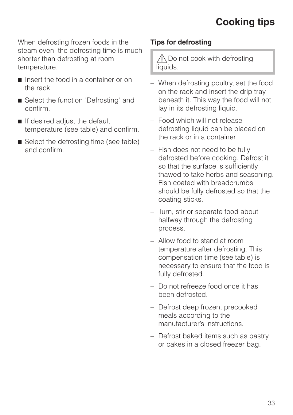 Cooking tips | Miele DG2661 User Manual | Page 33 / 60