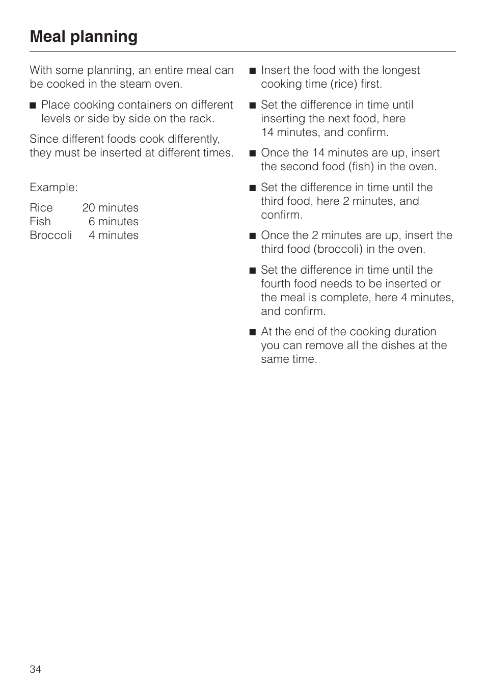 Meal planning 34, Meal planning | Miele DG2661 User Manual | Page 34 / 60