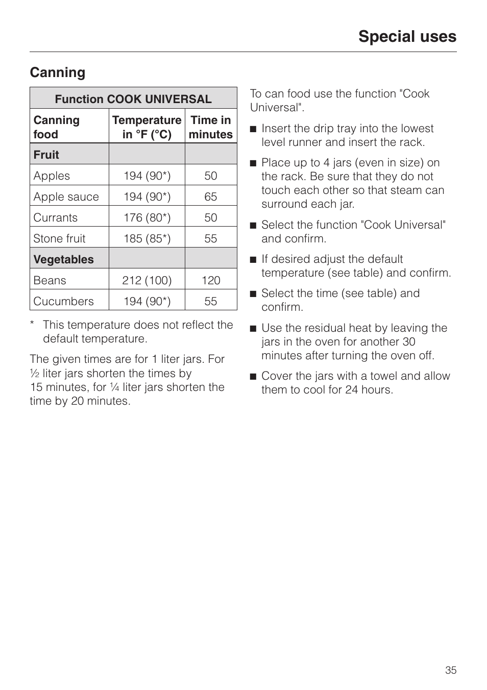 Special uses 35, Canning 35, Special uses | Canning | Miele DG2661 User Manual | Page 35 / 60