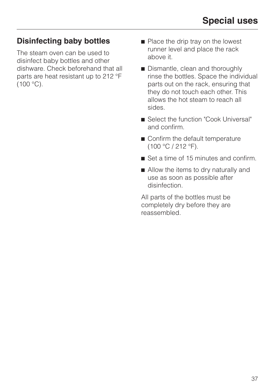 Disinfecting baby bottles 37, Disinfecting baby bottles, Special uses | Miele DG2661 User Manual | Page 37 / 60