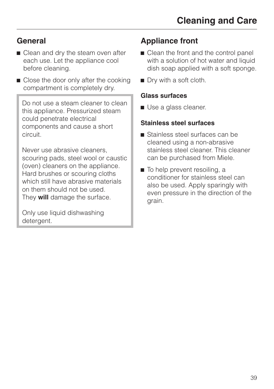 Cleaning and care 39, General 39, Cleaning and care | General, Appliance front | Miele DG2661 User Manual | Page 39 / 60