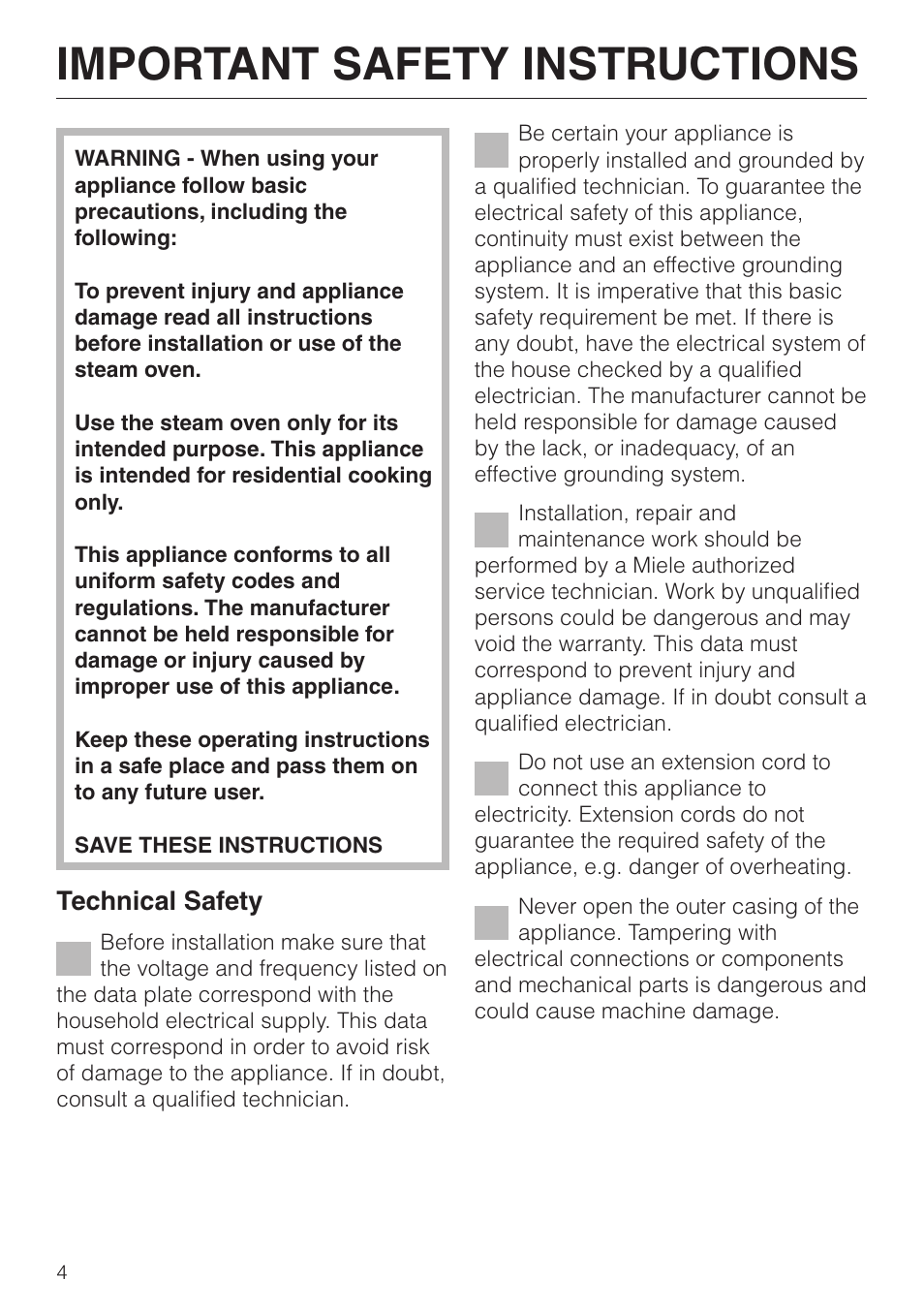 Important safety instructions 4, Important safety instructions, Technical safety | Miele DG2661 User Manual | Page 4 / 60