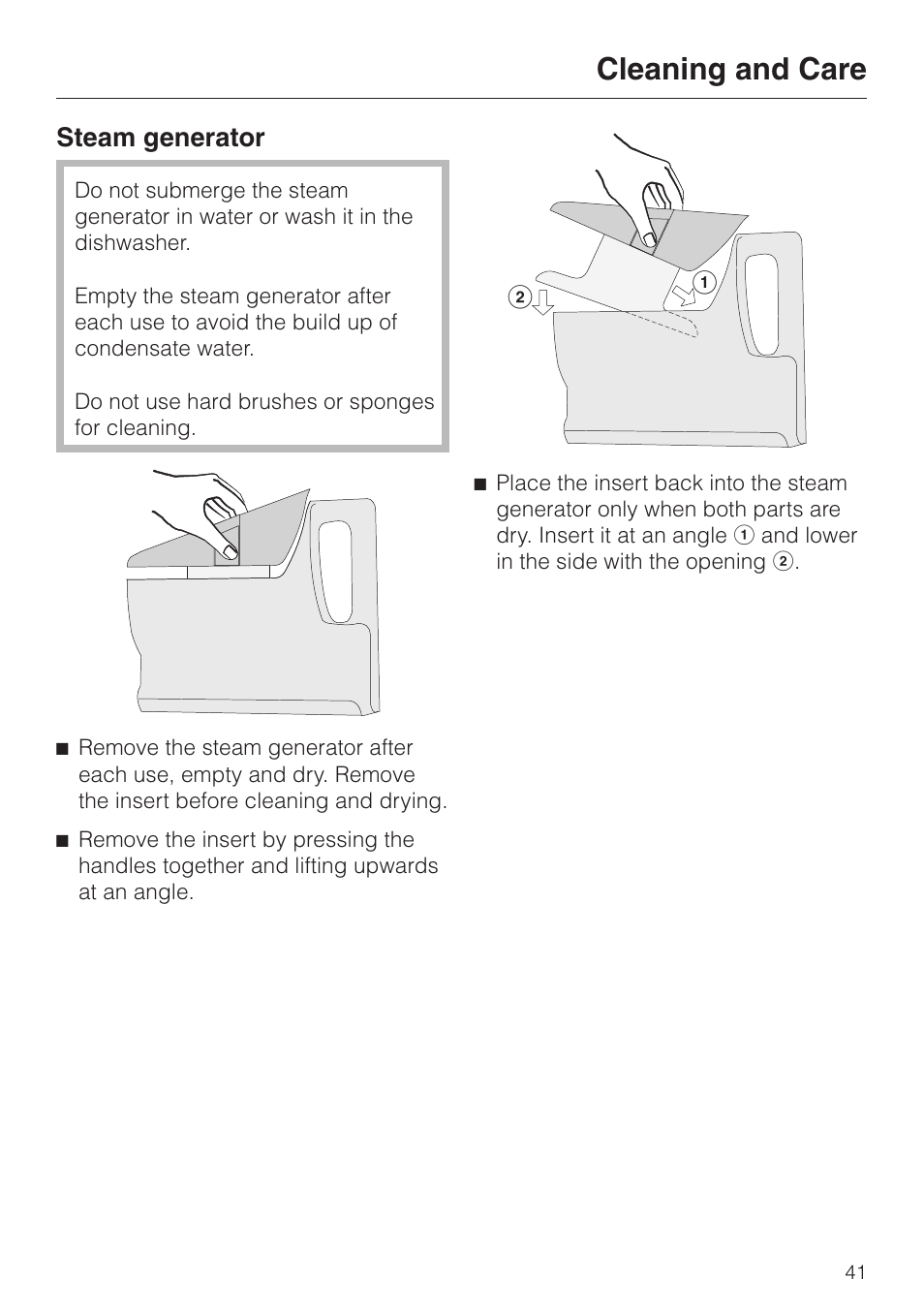 Cleaning and care, Steam generator | Miele DG2661 User Manual | Page 41 / 60