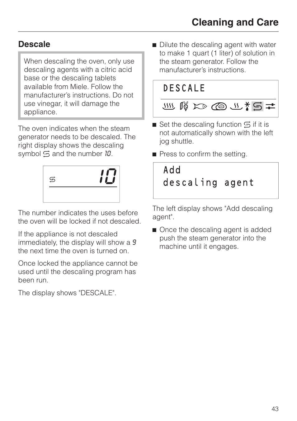 Descale 43, Descale, Cleaning and care | Miele DG2661 User Manual | Page 43 / 60