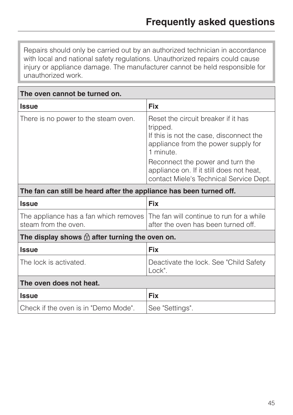 Frequently asked questions 45, Frequently asked questions | Miele DG2661 User Manual | Page 45 / 60