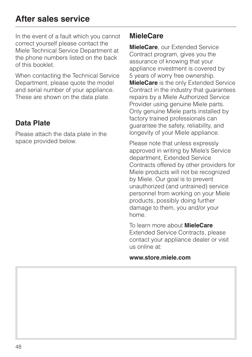 After sales service 48, After sales service, Data plate | Mielecare | Miele DG2661 User Manual | Page 48 / 60