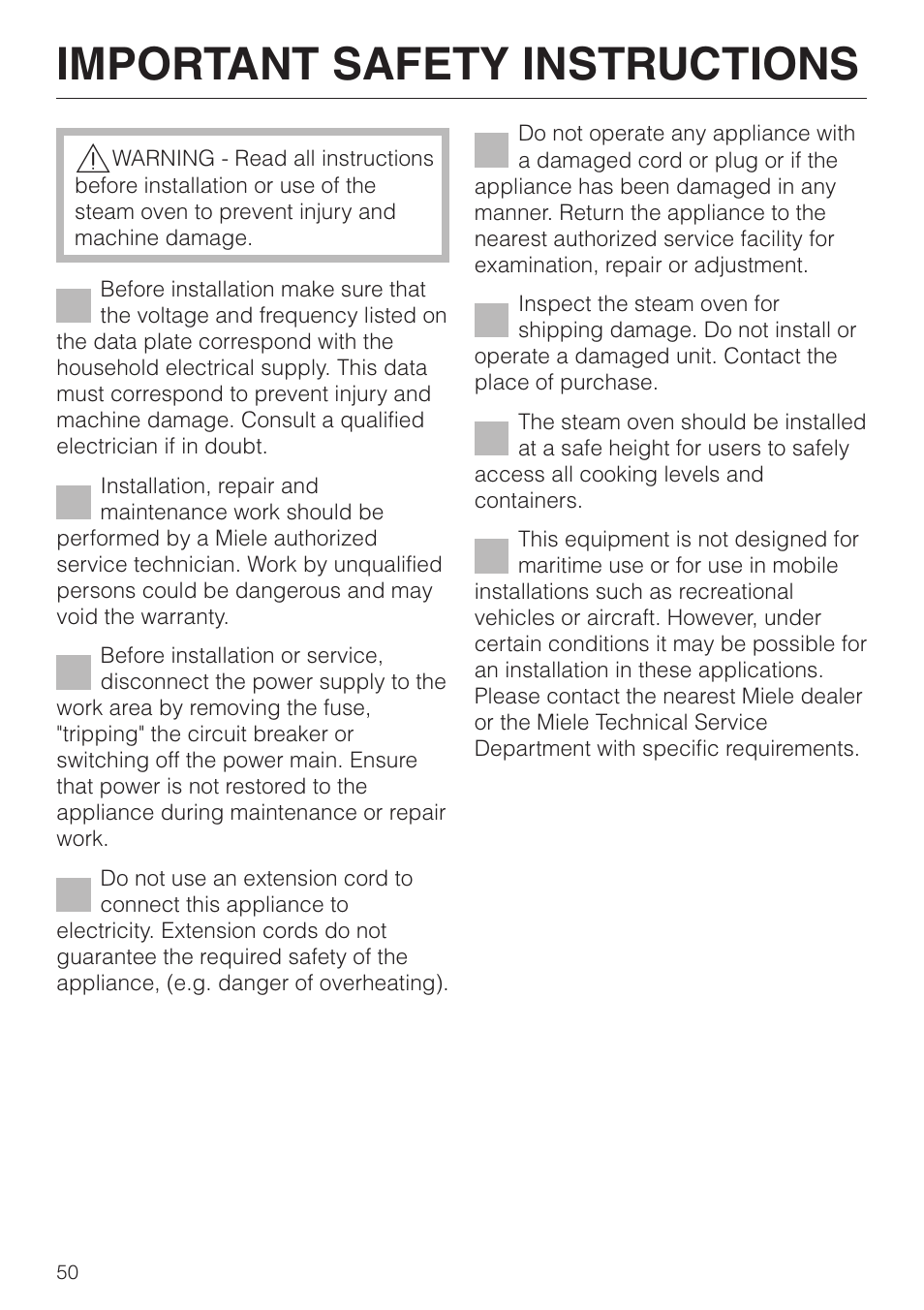 Important safety instructions 50, Important safety instructions | Miele DG2661 User Manual | Page 50 / 60