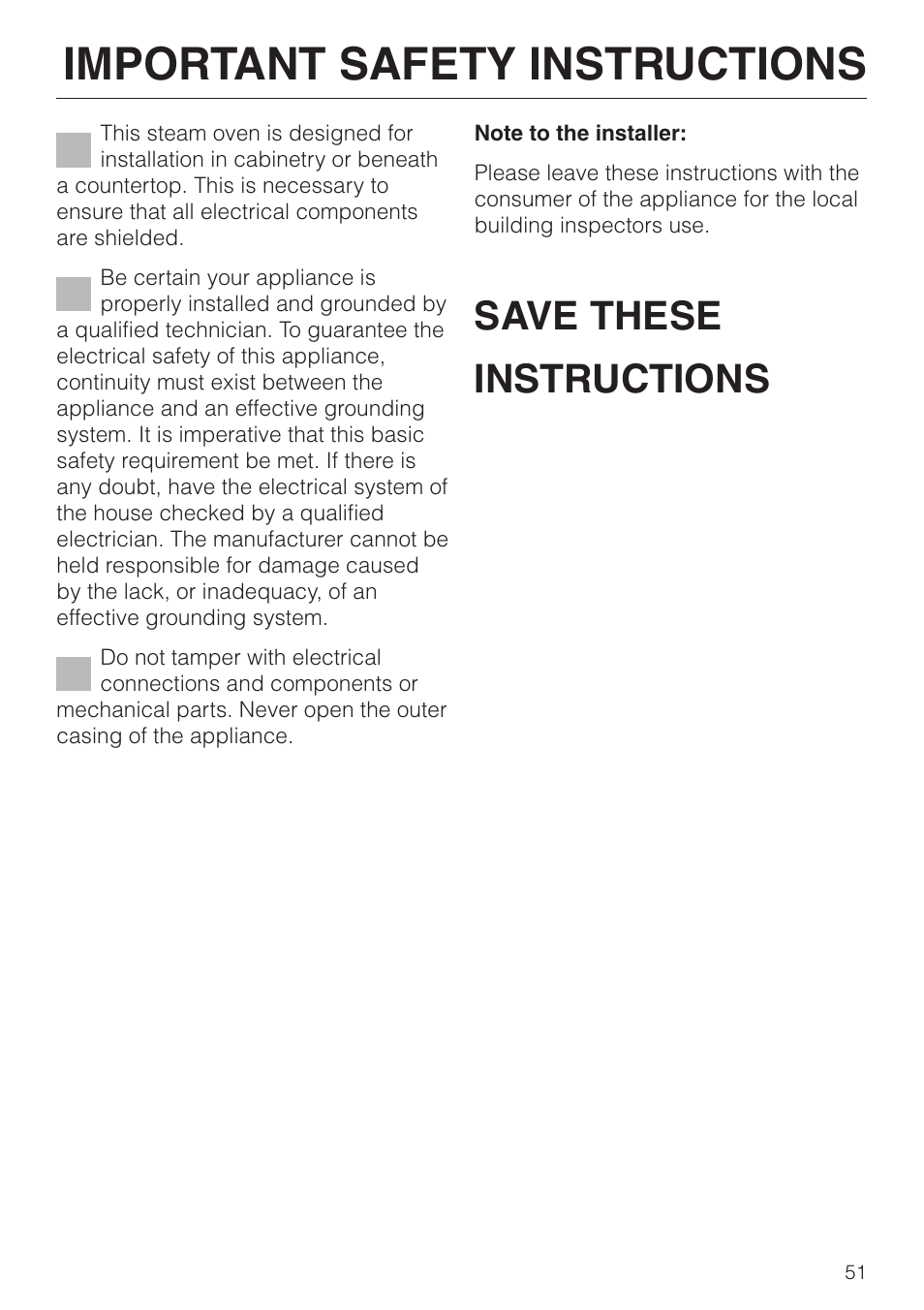 Important safety instructions, Save these instructions | Miele DG2661 User Manual | Page 51 / 60