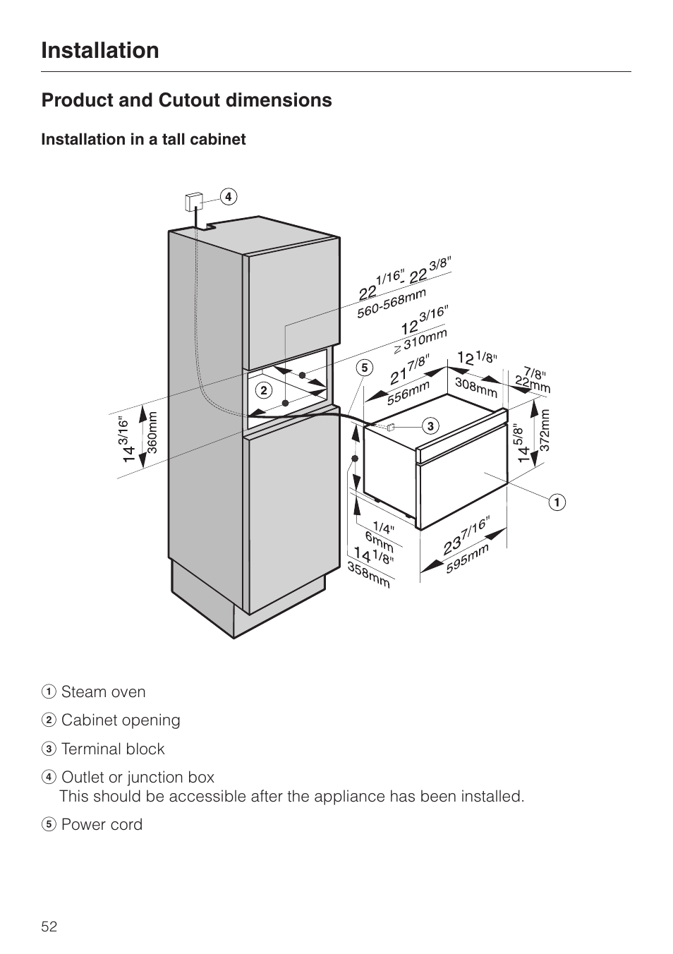 Installation 52, Product and cutout dimensions 52, Installation | Product and cutout dimensions | Miele DG2661 User Manual | Page 52 / 60