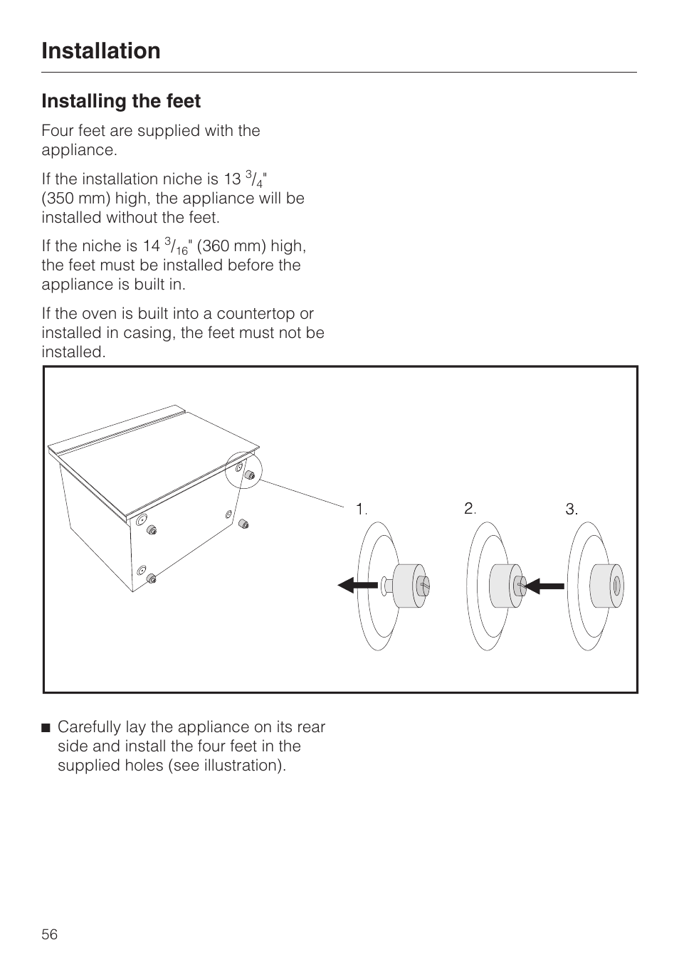 Installing the feet 56, Installing the feet, Installation | Miele DG2661 User Manual | Page 56 / 60