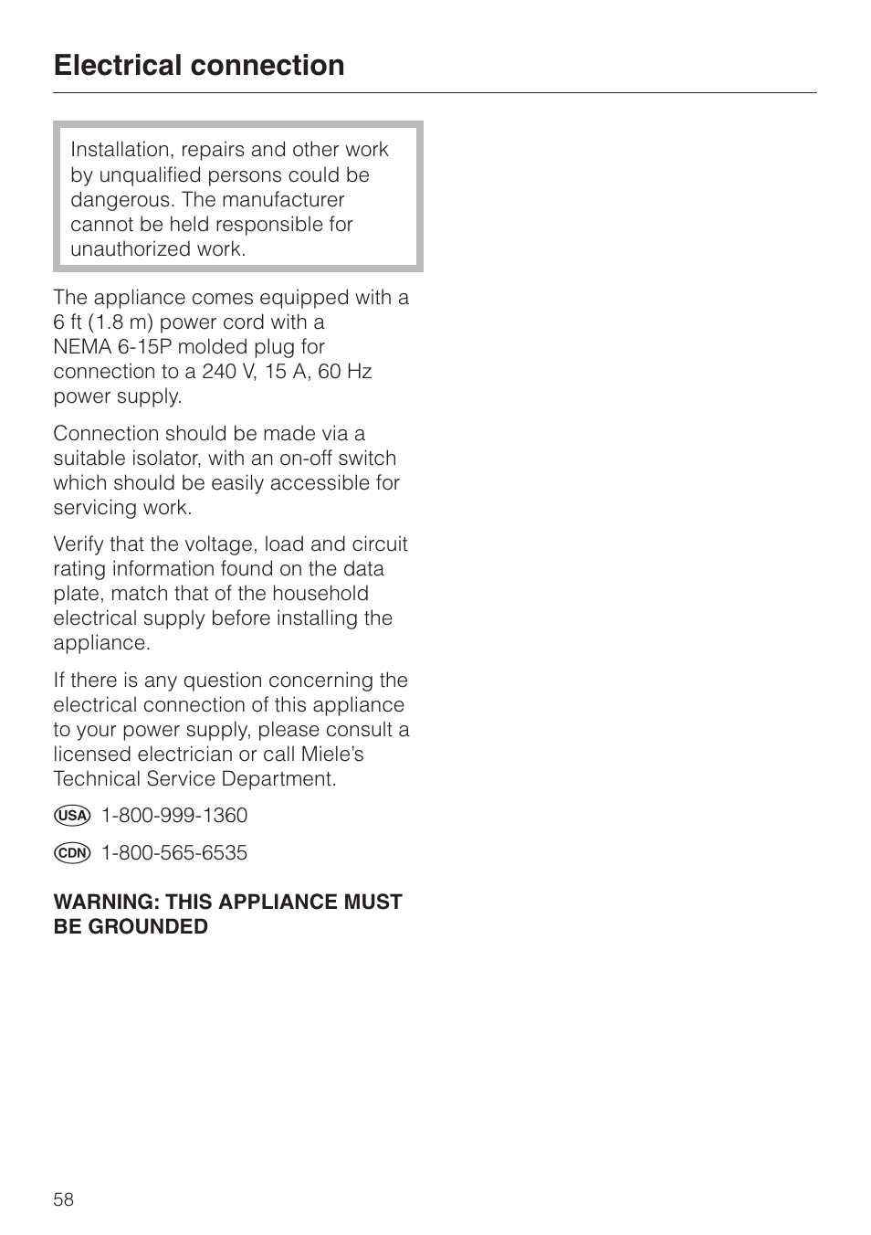 Electrical connection 58, Electrical connection | Miele DG2661 User Manual | Page 58 / 60