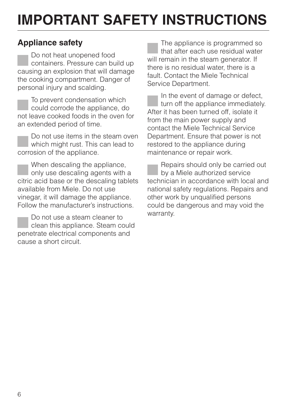 Important safety instructions, Appliance safety | Miele DG2661 User Manual | Page 6 / 60