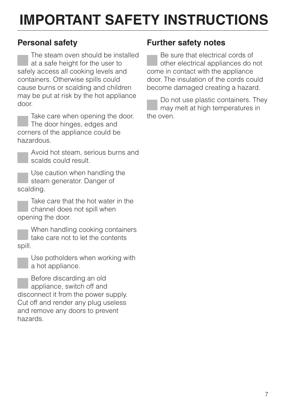 Important safety instructions, Personal safety | Miele DG2661 User Manual | Page 7 / 60