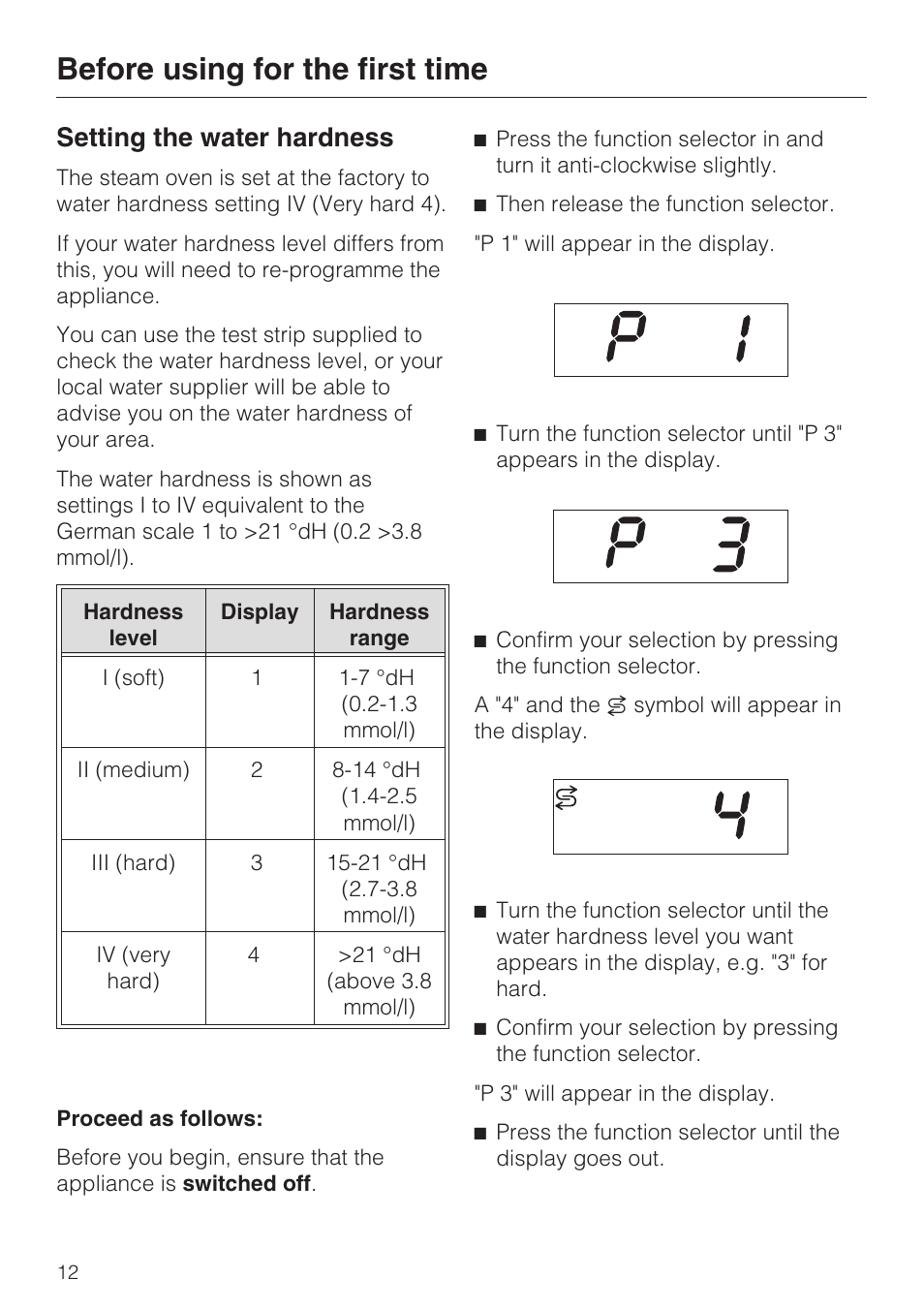 Before using for the first time 12, Setting the water hardness 12, Before using for the first time | Setting the water hardness | Miele DG 1050 User Manual | Page 12 / 52