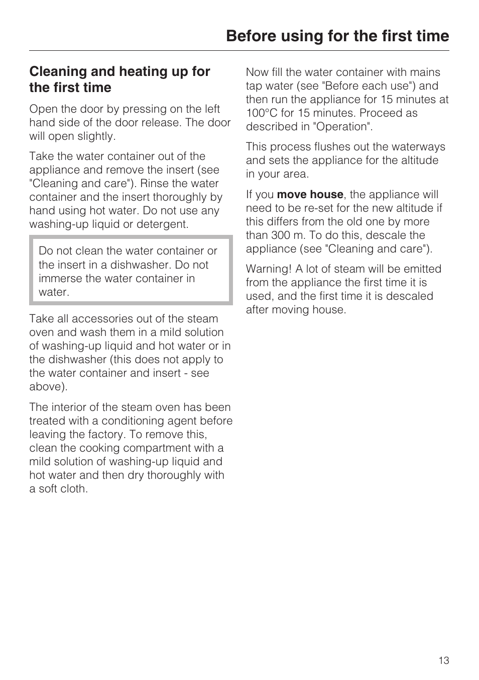 Cleaning and heating up for the first time 13, Before using for the first time, Cleaning and heating up for the first time | Miele DG 1050 User Manual | Page 13 / 52