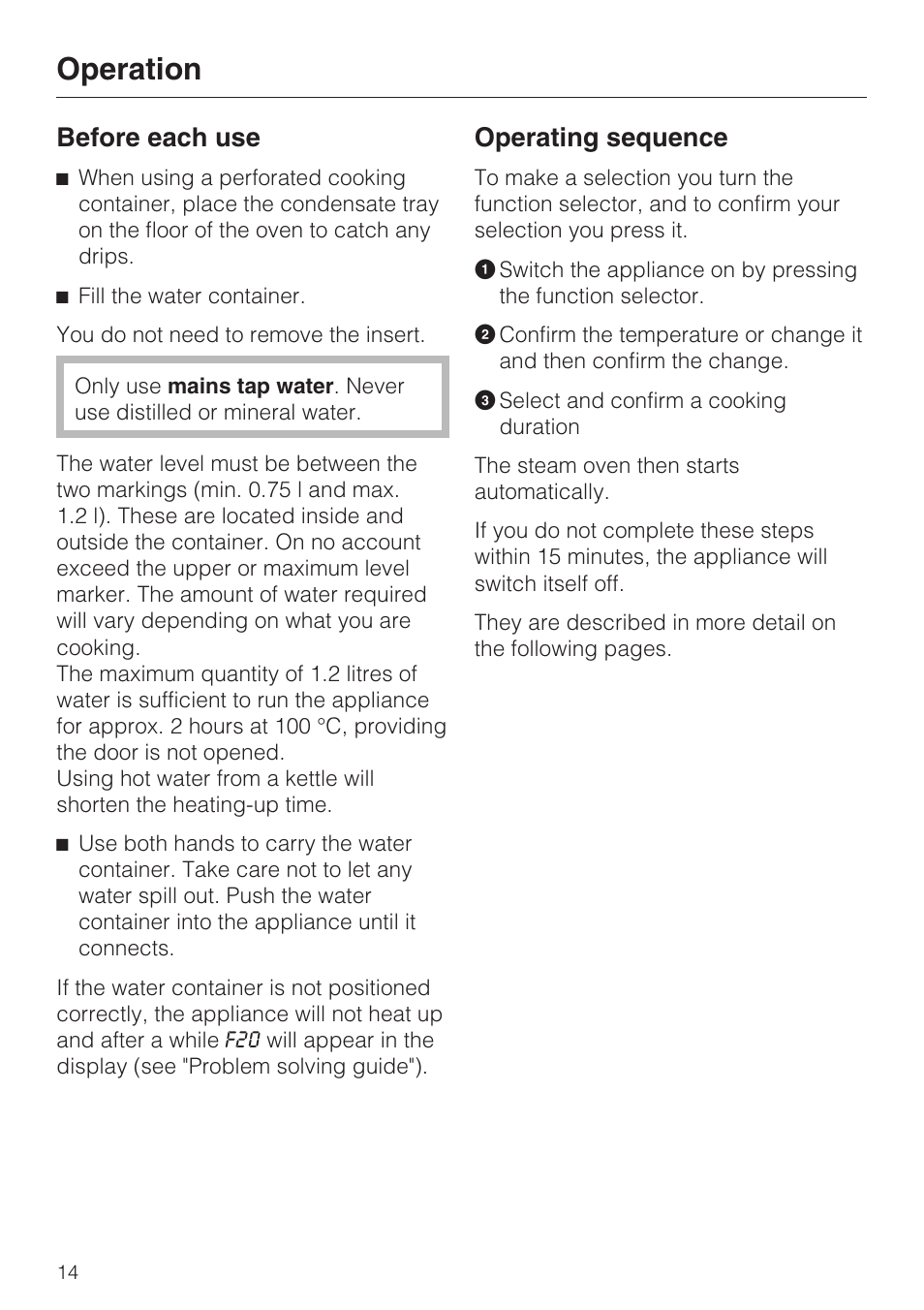 Operation 14, Before each use 14, Operating sequence 14 | Operation, Before each use, Operating sequence | Miele DG 1050 User Manual | Page 14 / 52