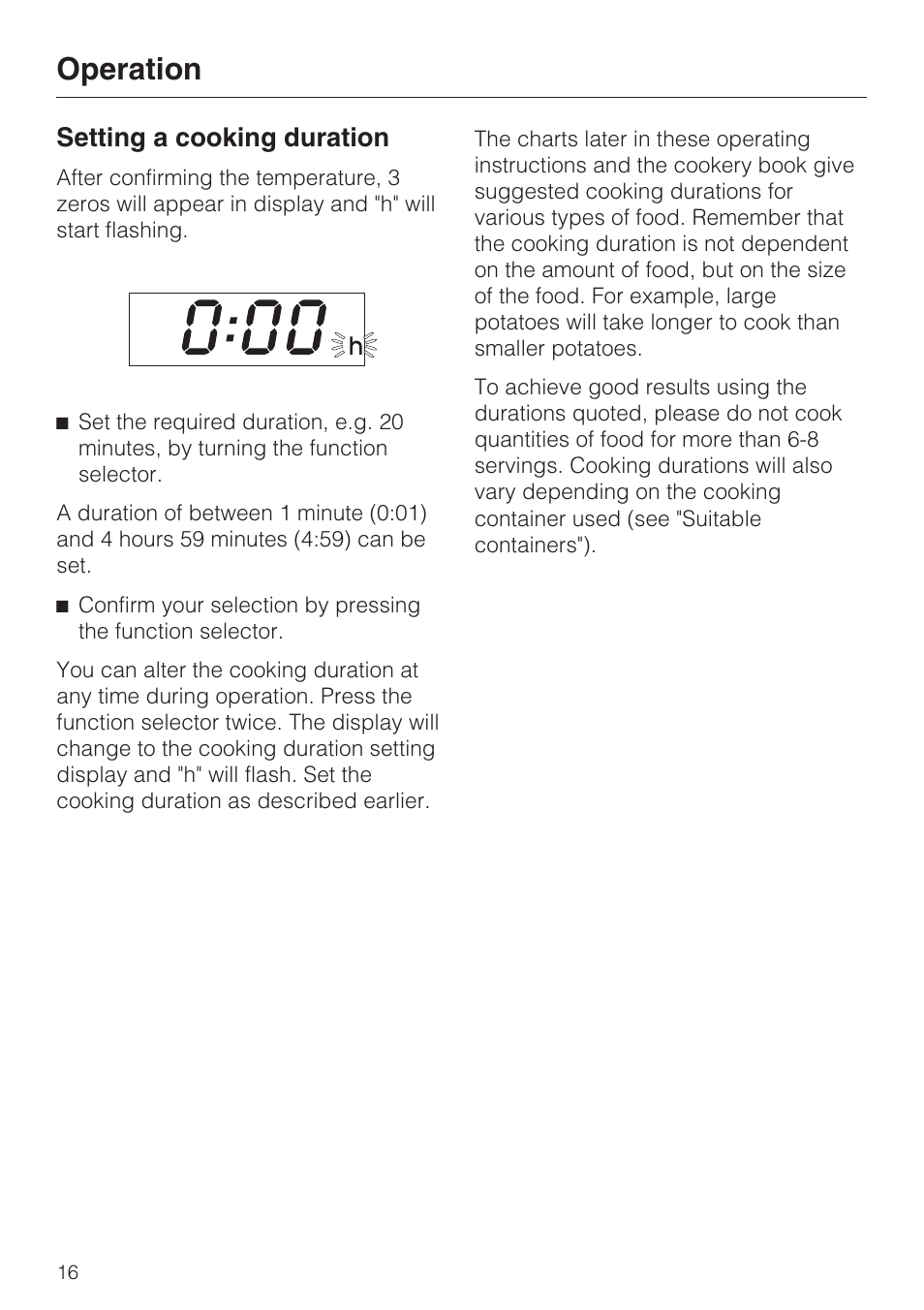 Setting a cooking duration 16, Operation, Setting a cooking duration | Miele DG 1050 User Manual | Page 16 / 52