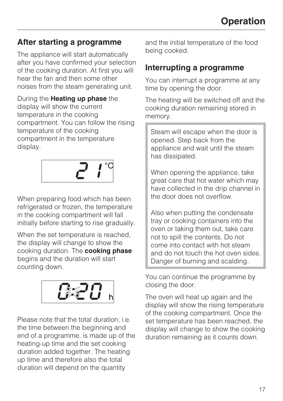 After starting a programme 17, Interrupting a programme 17, Operation | After starting a programme, Interrupting a programme | Miele DG 1050 User Manual | Page 17 / 52