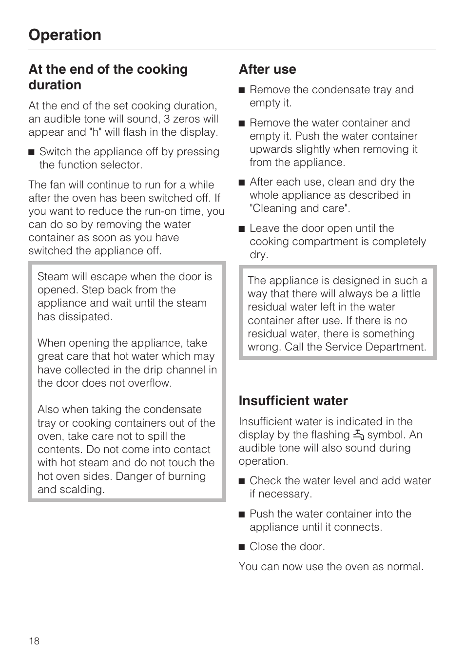 At the end of the cooking duration 18, After use 18, Insufficient water 18 | Operation, At the end of the cooking duration, After use, Insufficient water | Miele DG 1050 User Manual | Page 18 / 52