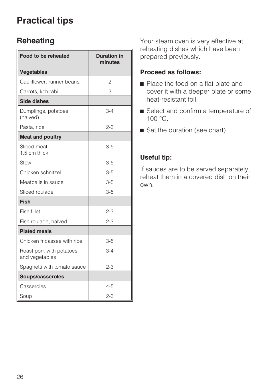 Reheating 26, Practical tips, Reheating | Miele DG 1050 User Manual | Page 26 / 52