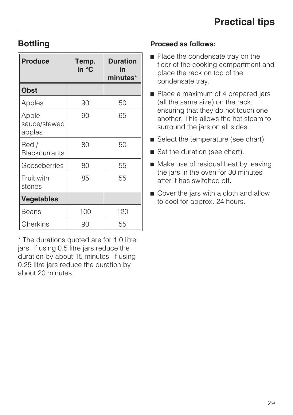 Bottling 29, Practical tips, Bottling | Miele DG 1050 User Manual | Page 29 / 52