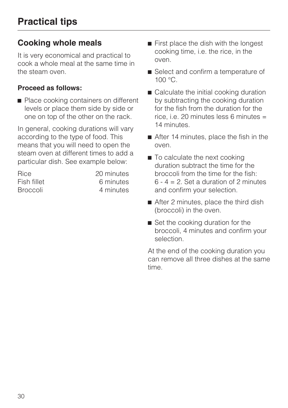 Cooking whole meals 30, Practical tips, Cooking whole meals | Miele DG 1050 User Manual | Page 30 / 52