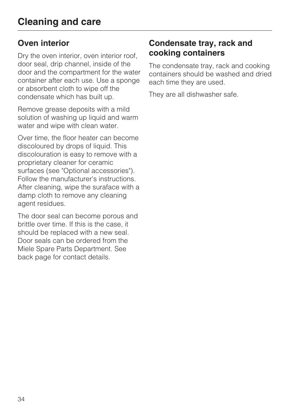 Oven interior 34, Condensate tray, rack and cooking containers 34, Cleaning and care | Miele DG 1050 User Manual | Page 34 / 52