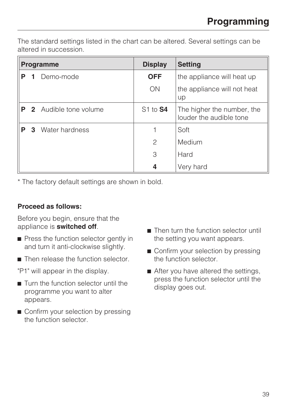 Programming 39, Programming | Miele DG 1050 User Manual | Page 39 / 52