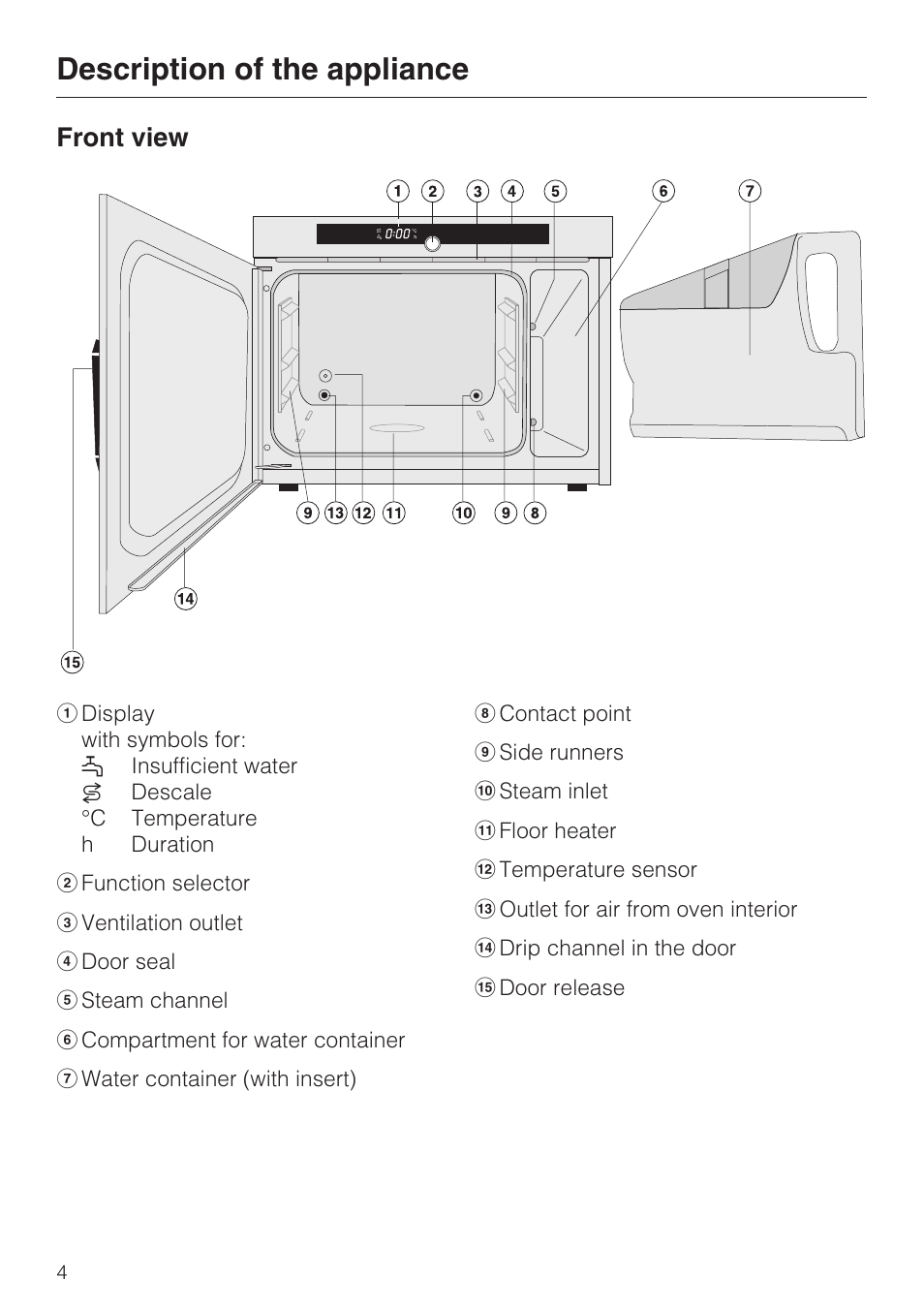 Description of the appliance 4, Front view 4, Description of the appliance | Front view | Miele DG 1050 User Manual | Page 4 / 52