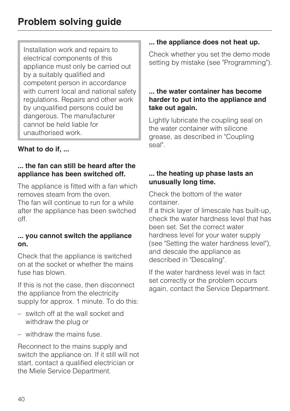 Problem solving guide 40, Problem solving guide | Miele DG 1050 User Manual | Page 40 / 52