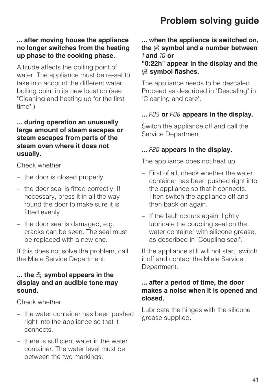 Problem solving guide | Miele DG 1050 User Manual | Page 41 / 52