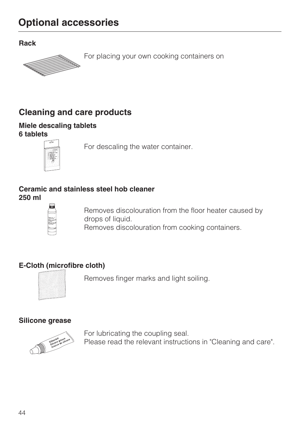 Cleaning and care products 44, Optional accessories, Cleaning and care products | Miele DG 1050 User Manual | Page 44 / 52