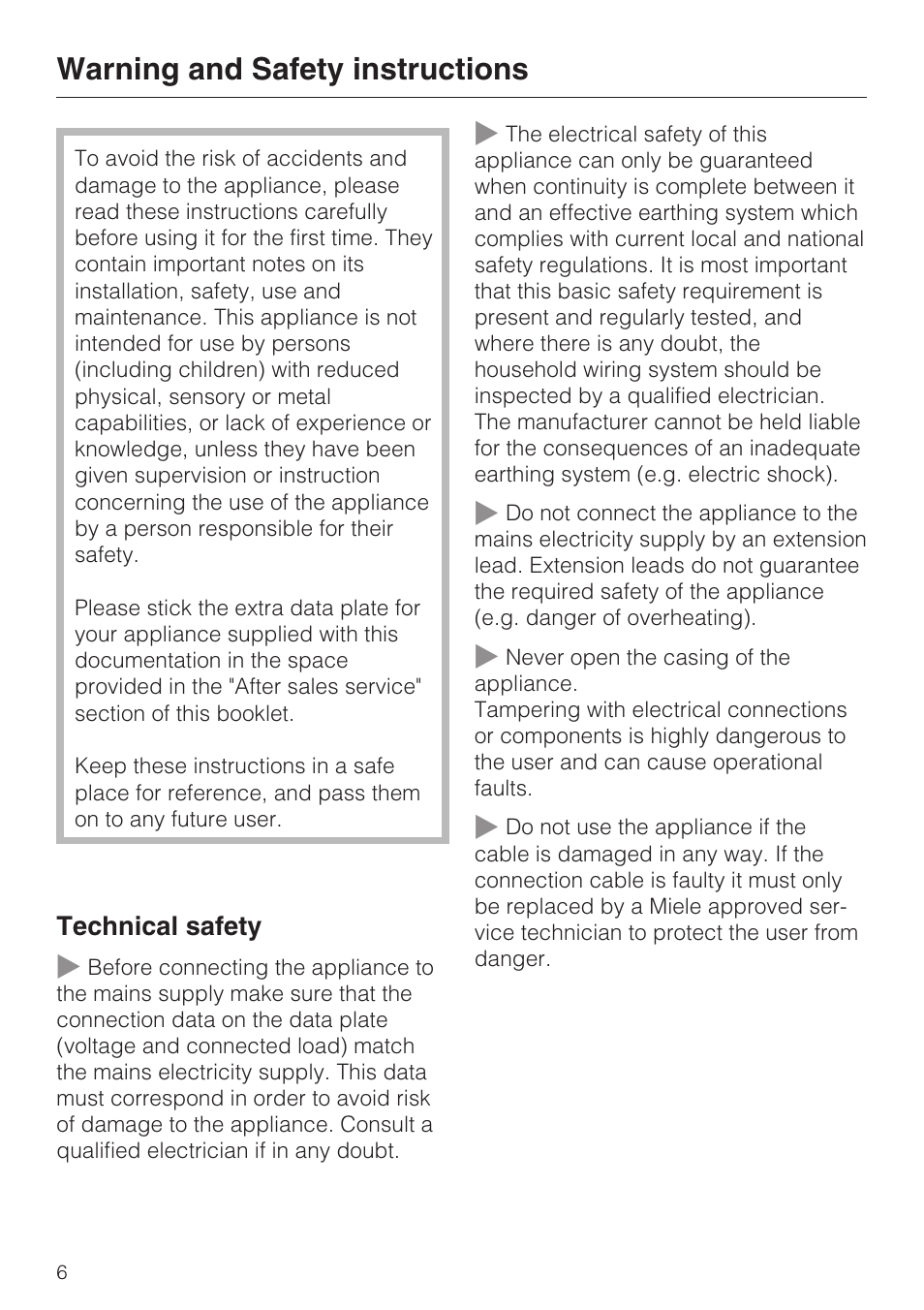 Warning and safety instructions 6, Warning and safety instructions | Miele DG 1050 User Manual | Page 6 / 52