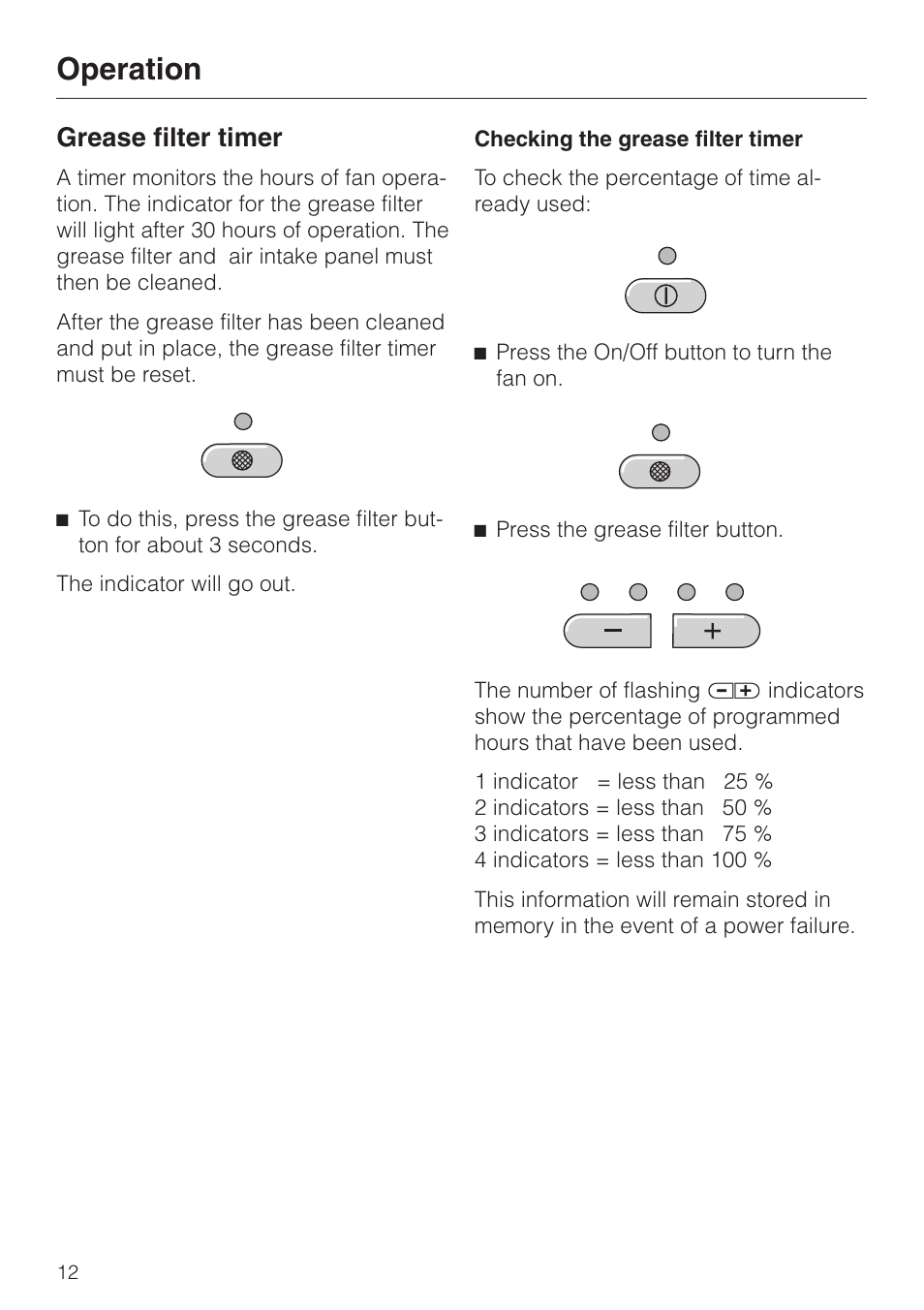 Grease filter timer 12, Checking the grease filter timer 12, Grease filter timer | Checking the grease filter timer, Operation | Miele DA 289-3 User Manual | Page 12 / 32