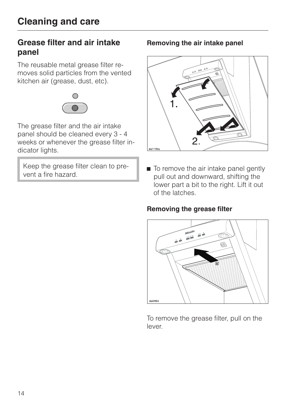 Cleaning and care 14, Grease filter and air intake panel 14, Cleaning and care | Grease filter and air intake panel | Miele DA 289-3 User Manual | Page 14 / 32