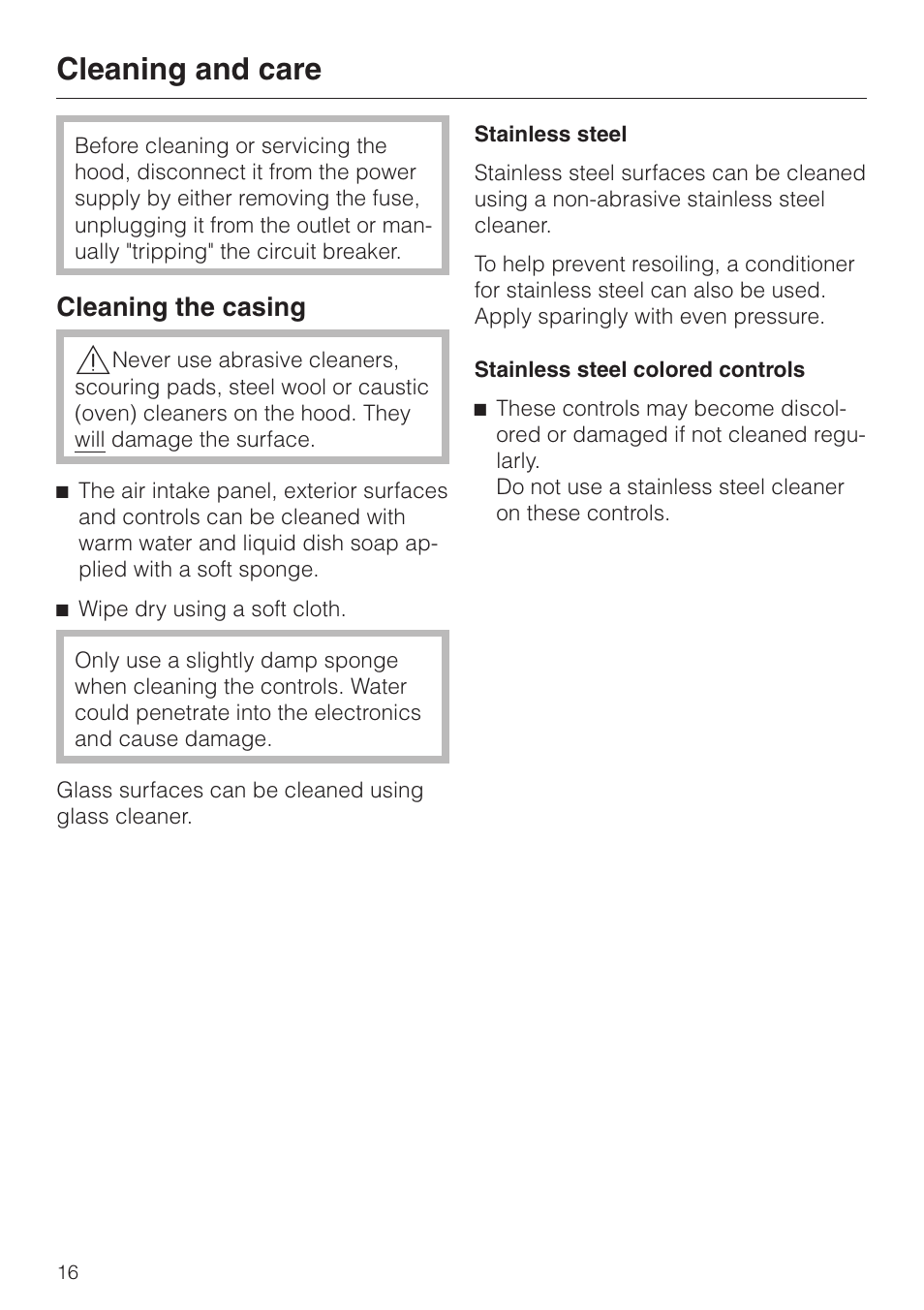 Cleaning the casing 16, Cleaning the casing, Cleaning and care | Miele DA 289-3 User Manual | Page 16 / 32