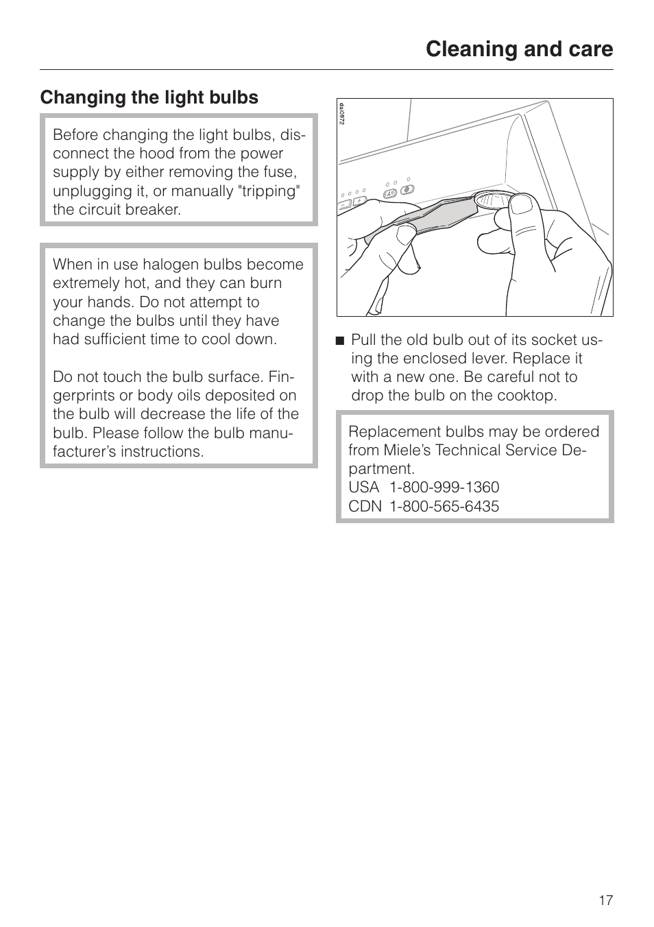 Changing the light bulbs 17, Changing the light bulbs, Cleaning and care | Miele DA 289-3 User Manual | Page 17 / 32