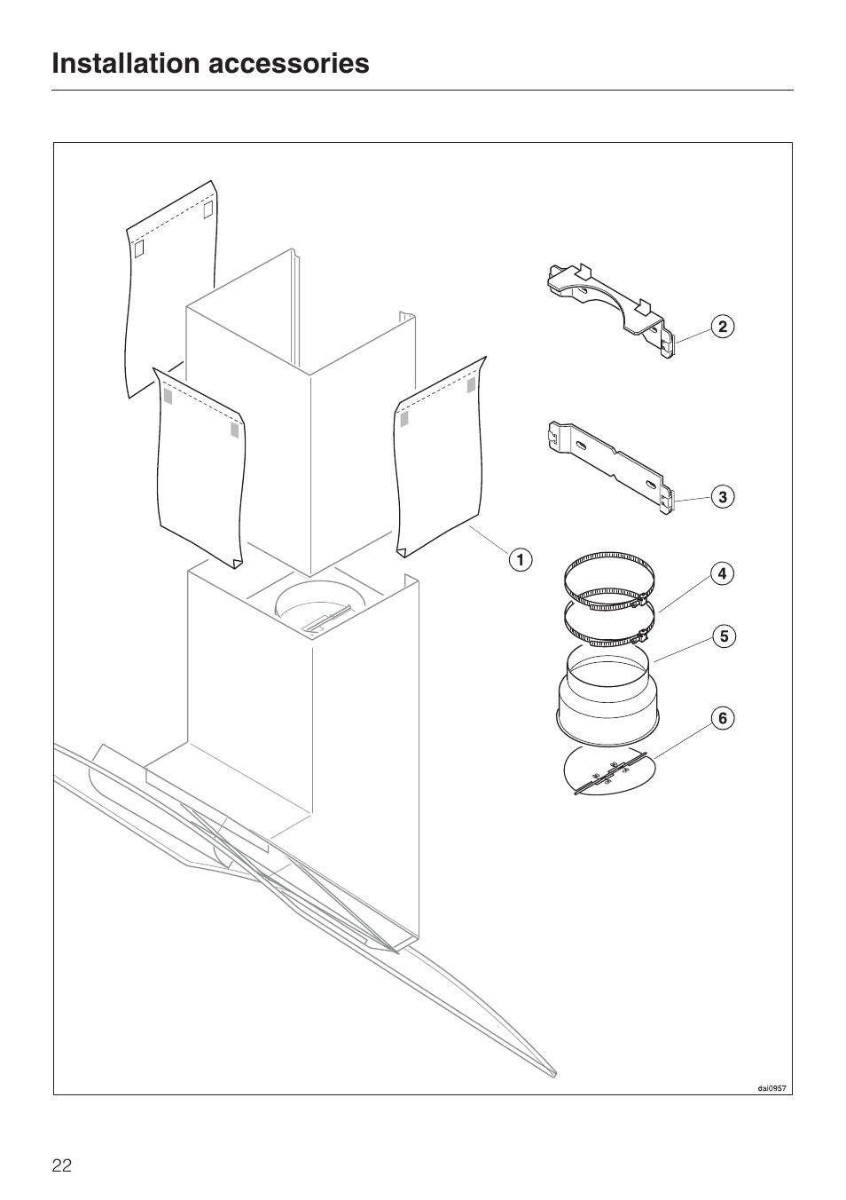 Installation accessories 22, Installation accessories | Miele DA 289-3 User Manual | Page 22 / 32