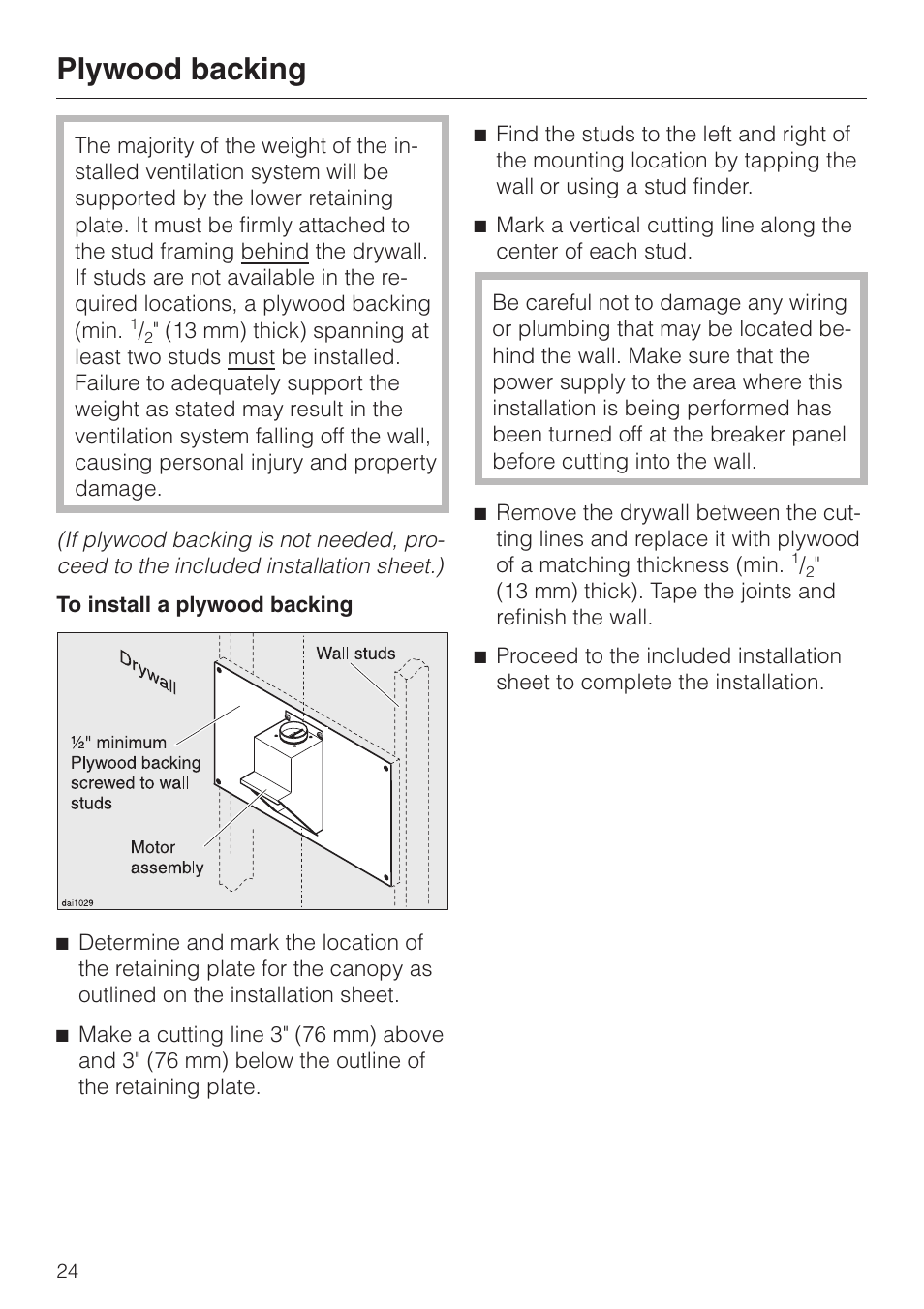 Plywood backing 24, Plywood backing | Miele DA 289-3 User Manual | Page 24 / 32