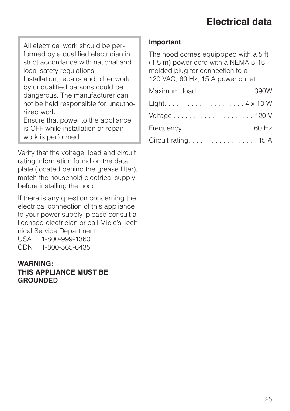 Electrical data 25, Electrical data | Miele DA 289-3 User Manual | Page 25 / 32