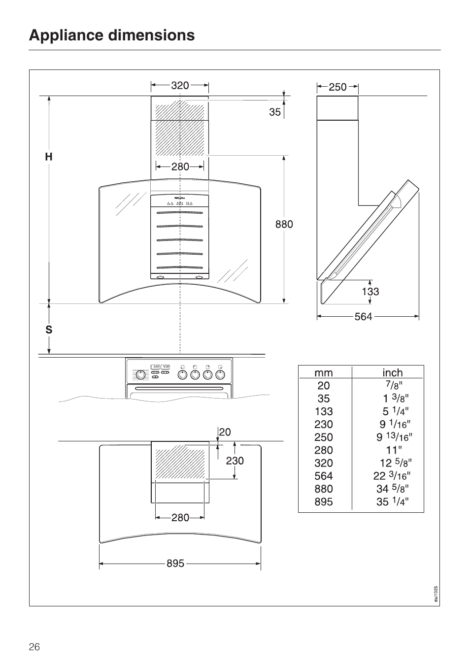 Appliance dimensions 26, Appliance dimensions | Miele DA 289-3 User Manual | Page 26 / 32