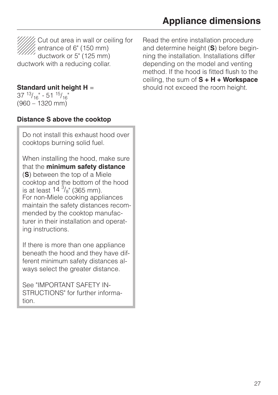 Appliance dimensions | Miele DA 289-3 User Manual | Page 27 / 32