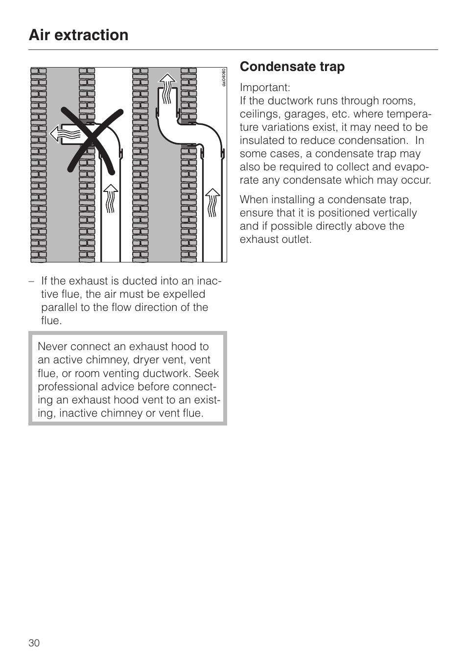 Condensate trap 30, Condensate trap, Air extraction | Miele DA 289-3 User Manual | Page 30 / 32