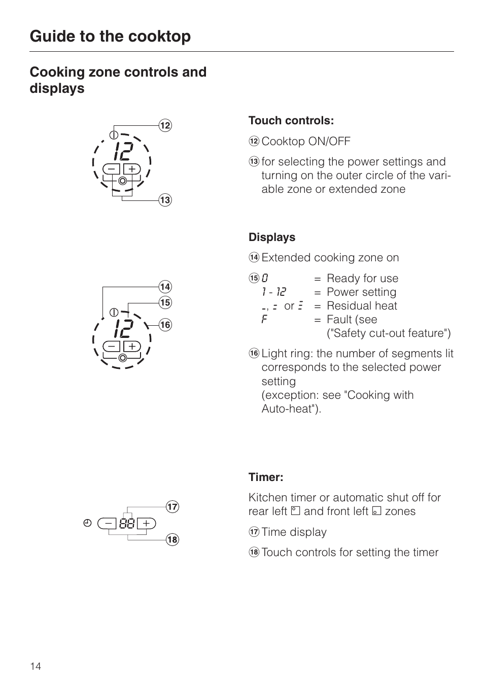 Cooking zone controls and displays 14, Cooking zone controls and displays, Mn p o q | Guide to the cooktop | Miele KM 451 User Manual | Page 14 / 36