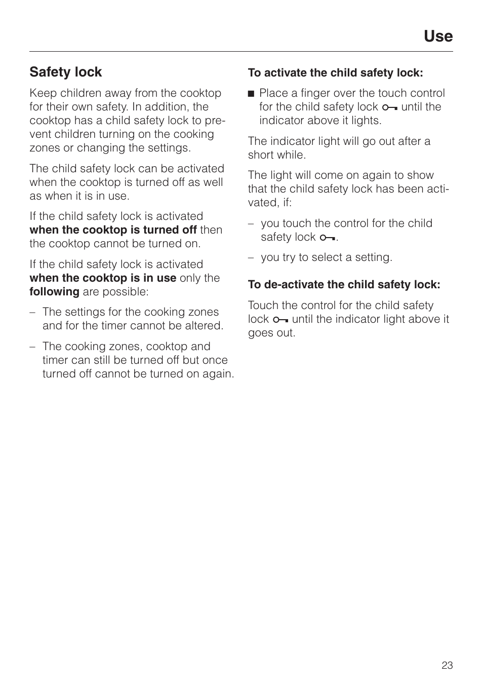 Safety lock 23, Safety lock | Miele KM 451 User Manual | Page 23 / 36