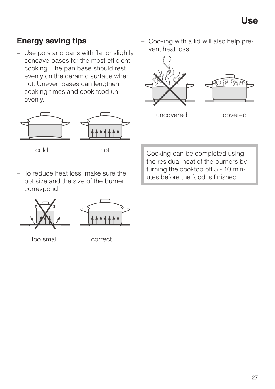 Energy saving tips 27, Energy saving tips | Miele KM 451 User Manual | Page 27 / 36