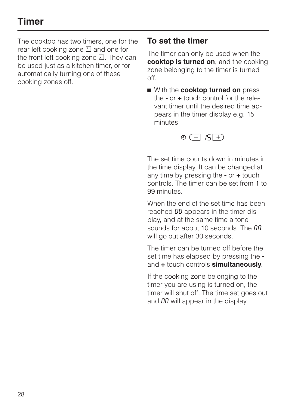 Timer 28, To set the timer 28, Timer | To set the timer | Miele KM 451 User Manual | Page 28 / 36