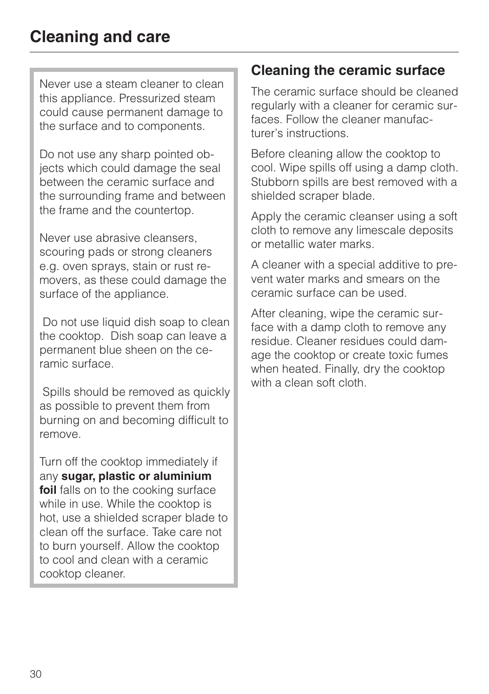 Cleaning and care 30, Cleaning the ceramic surface 30, Cleaning and care | Cleaning the ceramic surface | Miele KM 451 User Manual | Page 30 / 36